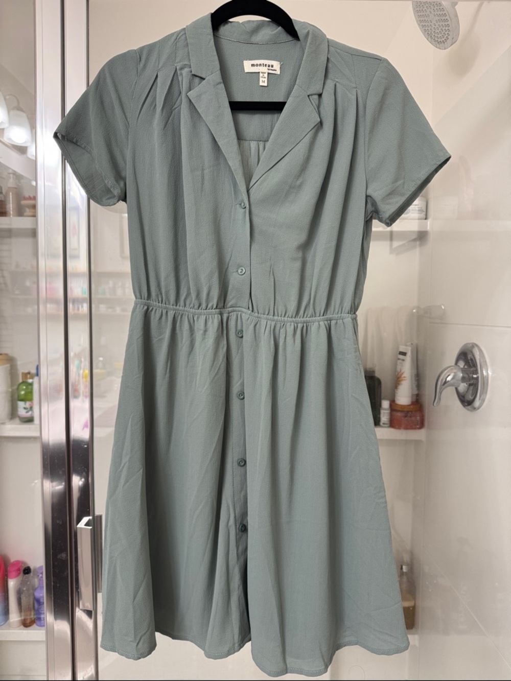 Monteau Sage Green Button-Front Midi Dress